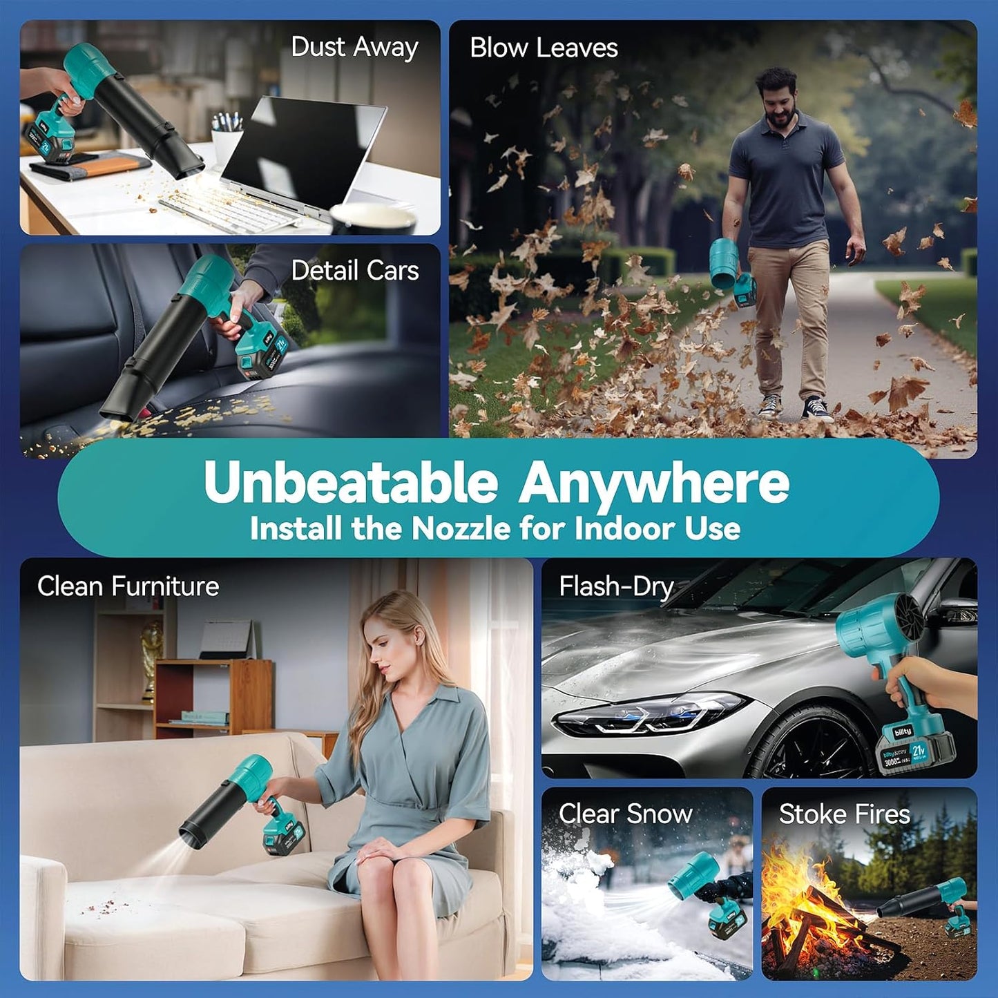 Cordless Leaf Blower, Premium Handheld Leaf Blower + 3 Nozzles and 2 Batteries with Level Indicator, Stepless Speed Control, Blowers for Lawn Care, Patio Cleaning and Dust